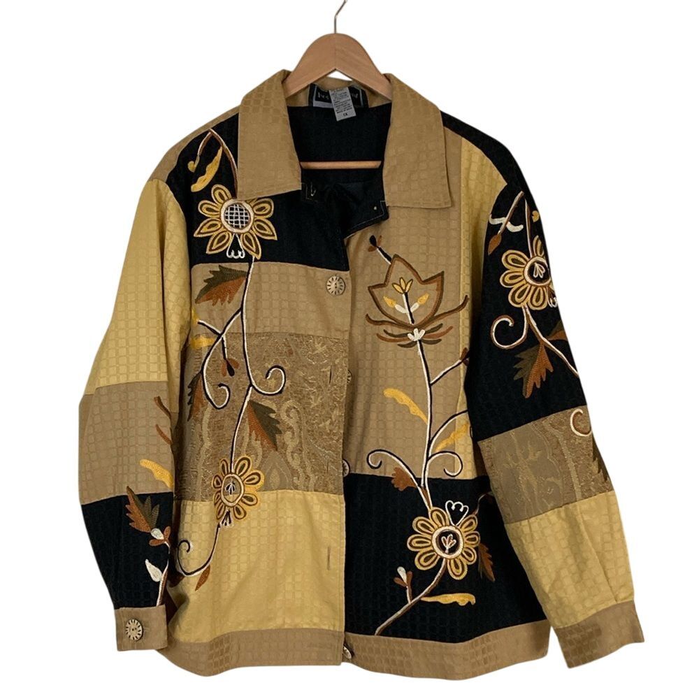 Indigo Moon Womens Jacket 1X Black Yellow Art To Wear Button Front Long Sleeve